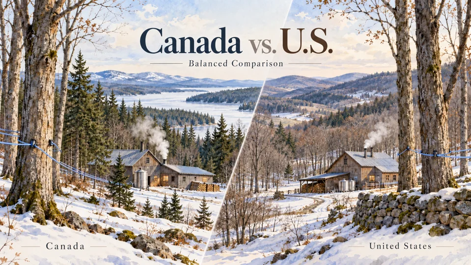An illustrated comparison of Canadian and U.S. woodland sugarhouse scenes