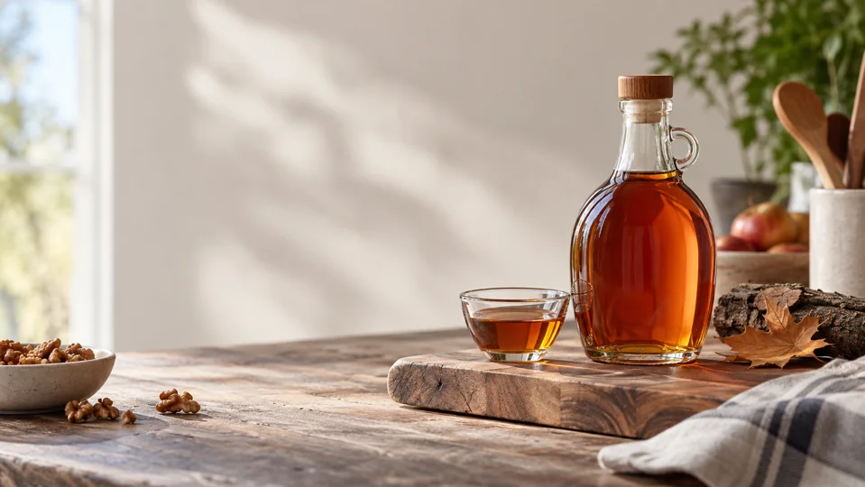 A syrup bottle and tasting glass in a European-style kitchen