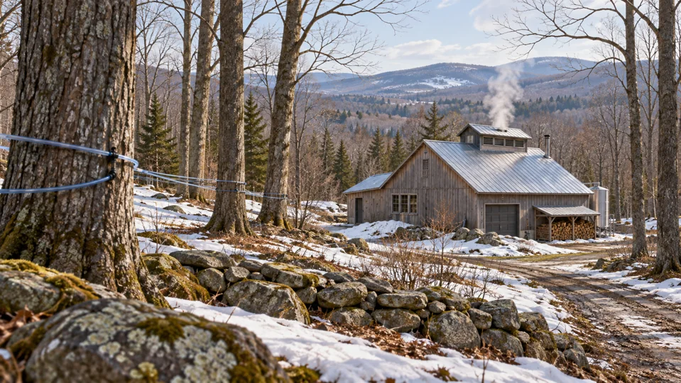 An illustrative sugarhouse among trees and rolling hills
