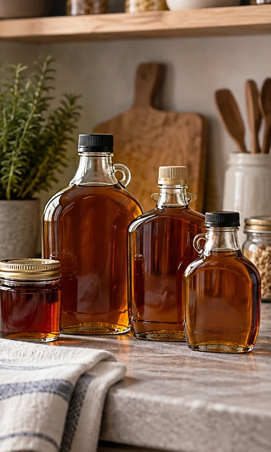 Unbranded syrup bottles on a kitchen shelf