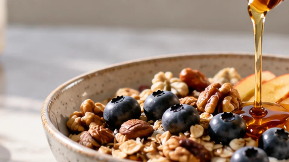 Maple syrup being poured over yoghurt, fruit and nuts
