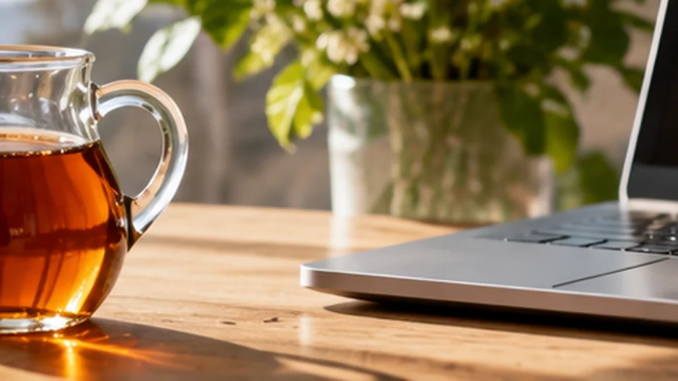 A syrup jug beside a laptop in a quiet workspace