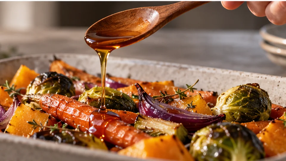 Maple syrup spooned over roasted vegetables