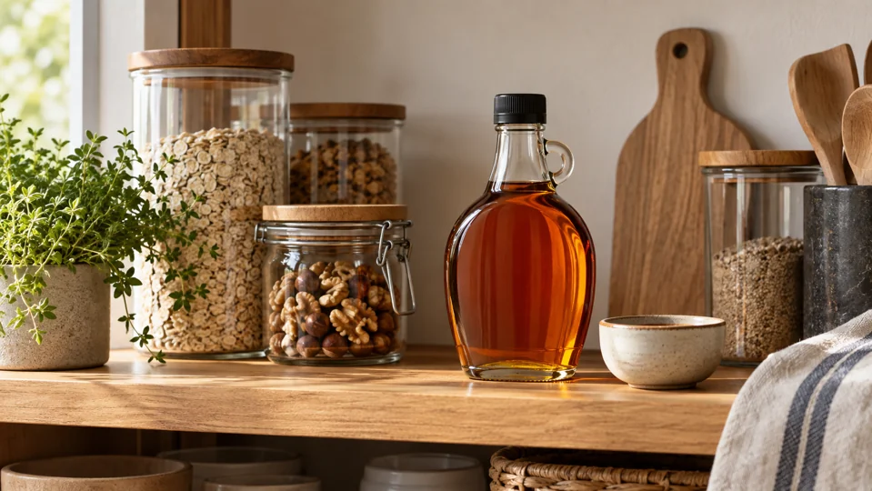 A syrup bottle beside pantry jars