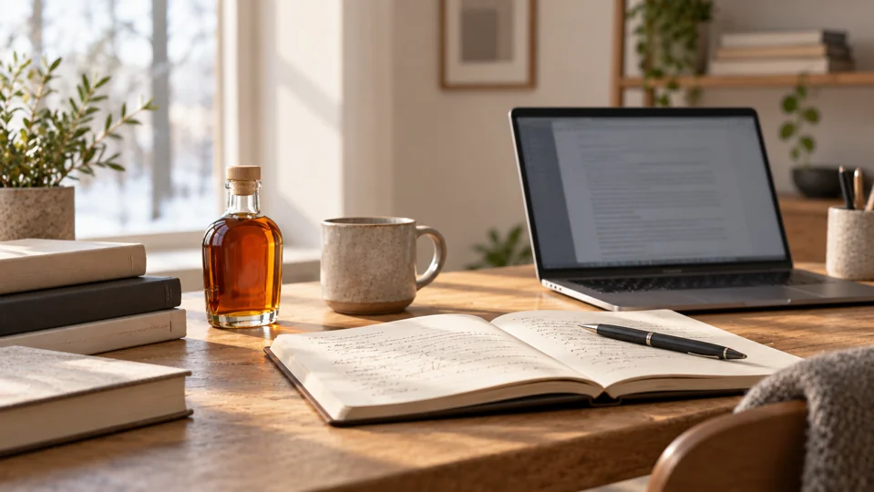 An editorial workspace with notebooks and a laptop