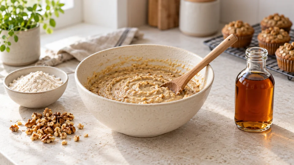 Baking ingredients and a bottle of maple syrup