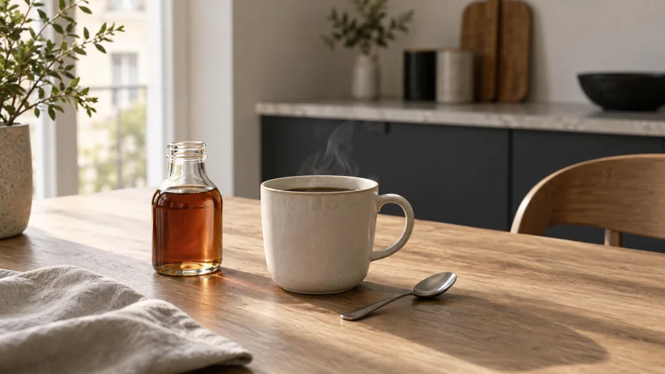 Coffee and a maple syrup bottle at a kitchen table