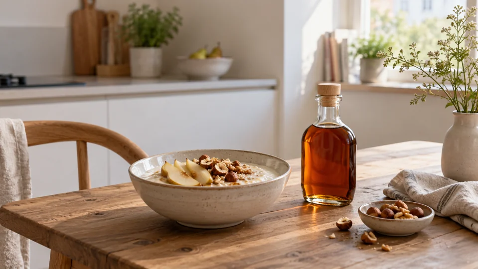 Porridge and syrup at a breakfast table