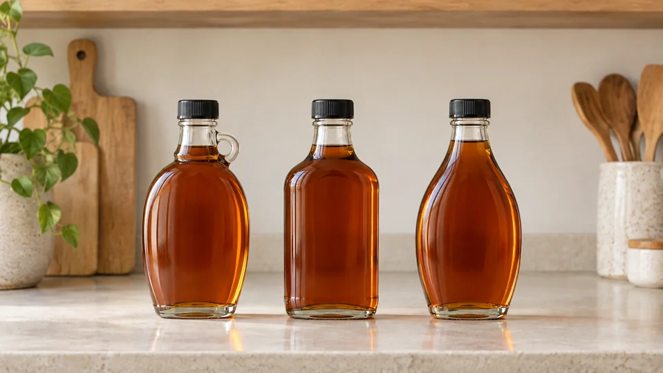 Three different unbranded syrup bottles displayed equally