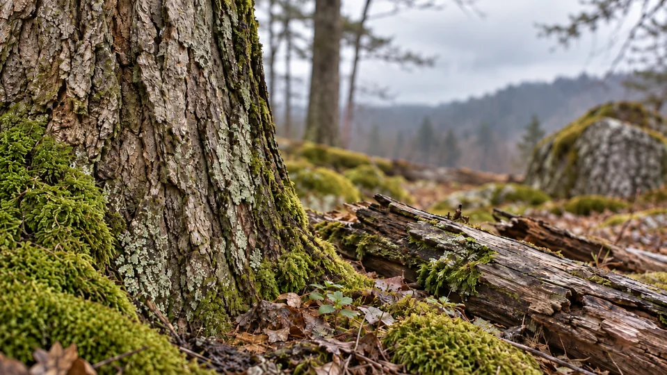 The detail of bark and a woodland floor